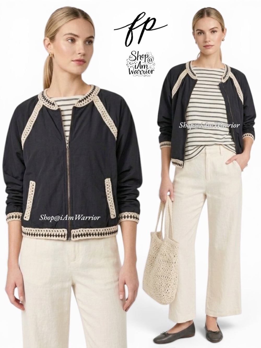 Free People cropped crochet trim zip bomber jacket *shop@iamwarrior